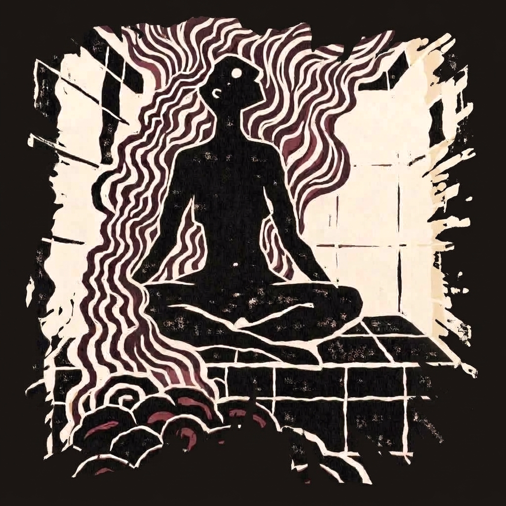 Linocut-style illustration of a figure seated in meditation, surrounded by waves of rising heat and steam